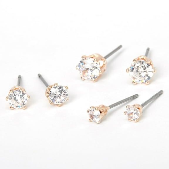 Claire's Rose Gold Cubic Zirconia Round Stud Earrings - 3MM, 4MM, 5MM