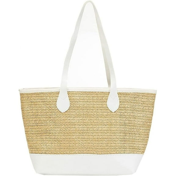 Kukuzhu Large Women's Woven PU Straw Geometric Tote Shoulder Bag White
