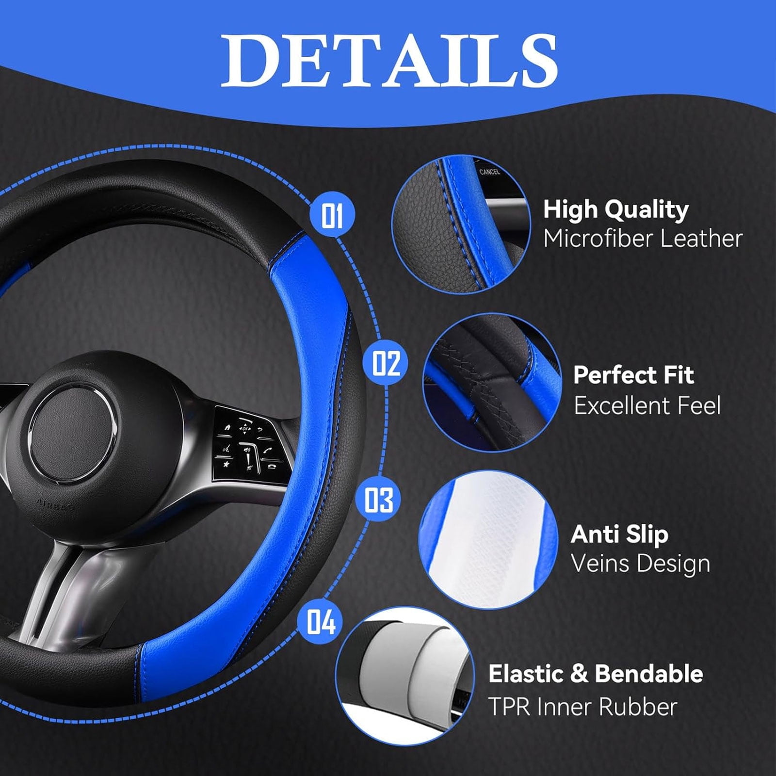 CAR GRAND Faux Leather Car Steering Wheel Cover Combo Pack Car Floor Mats, Universal Fit Waterproof Anti-slip Carpet 14.5-15 Inches Blue & Black