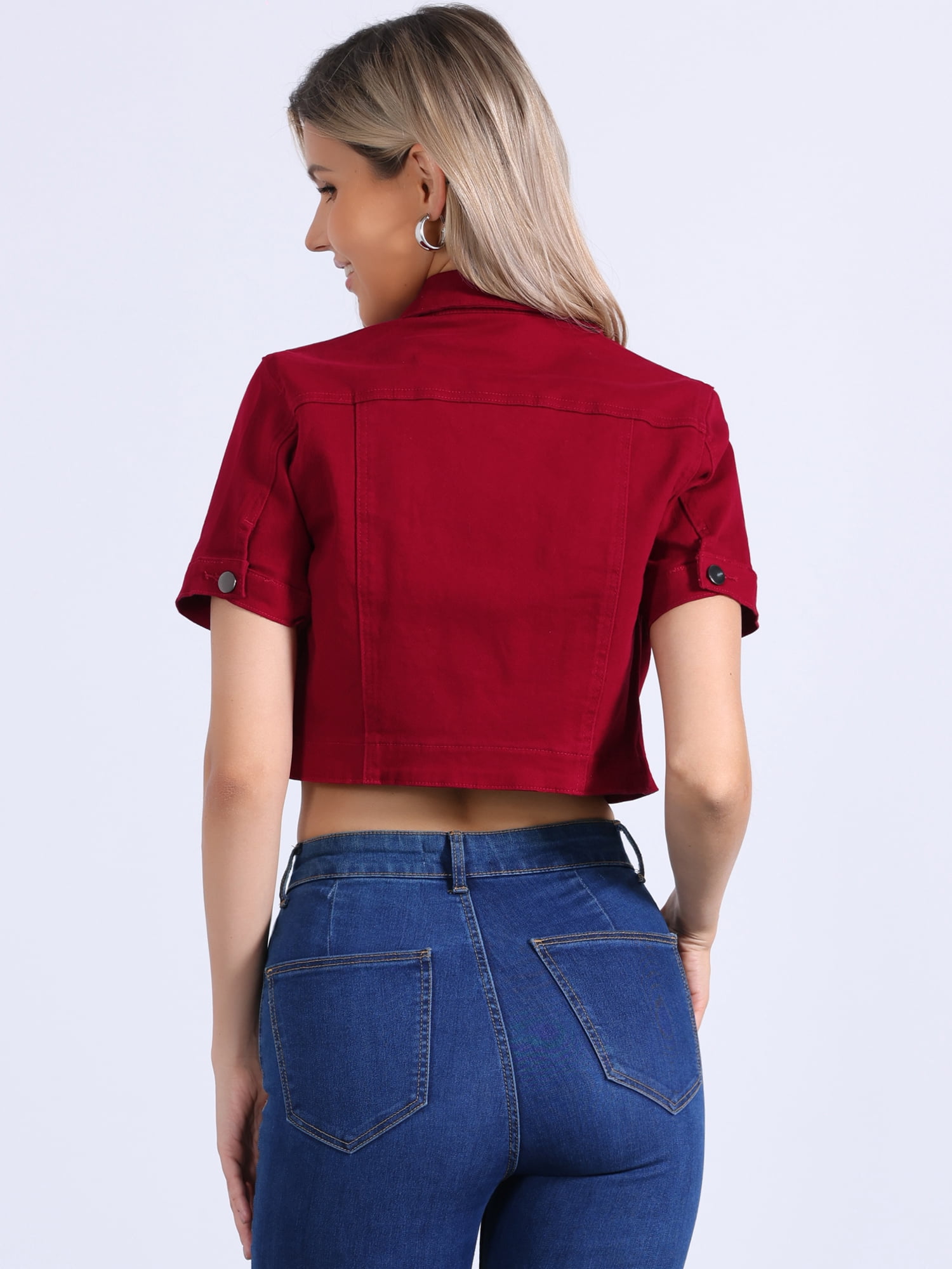 DARING DIVA Women's Denim Jacket Turndown Collar Short Sleeves Crop Jean Jackets M Red
