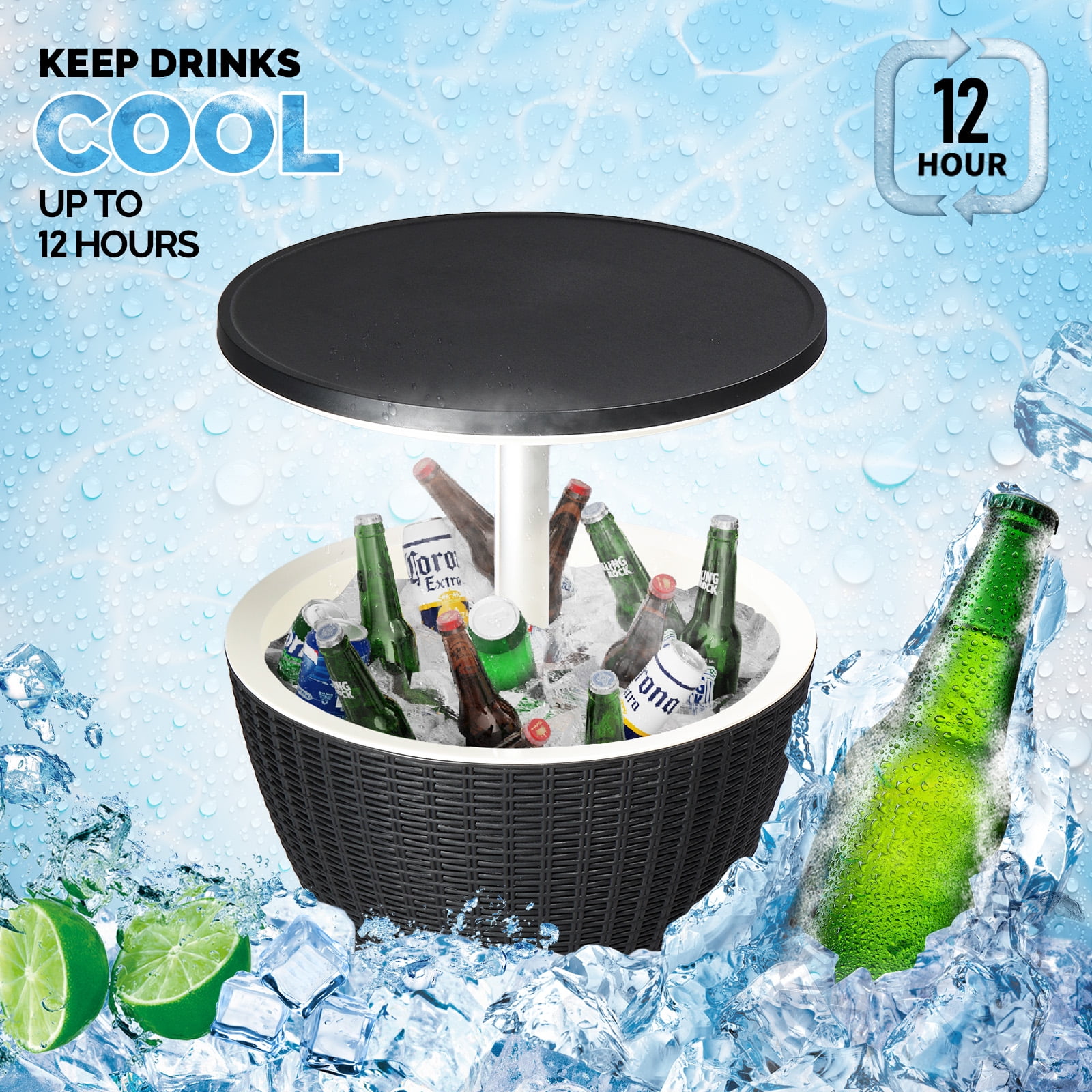 Hassch Cooler Bar Table, 8 Gallon Beer and Wine Cooler, Outdoor Cocktail Patio Bar Table, Ice Cooler with Pop-Up Lid and Drainage Plug for Deck Pool Party, Black