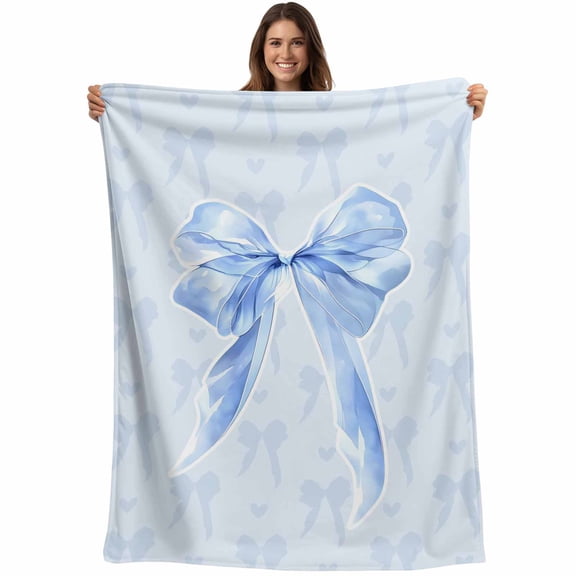 Cute Bow Blanket Soft Cozy Warm Twin Blanket for Bed, Plush Fuzzy Flannel Fleece Blankets for Sofa, Blue Bowknot Minimalist Solid Color Throw Blankets for Couch, Lightweight Gifts for Men, 60"x80"