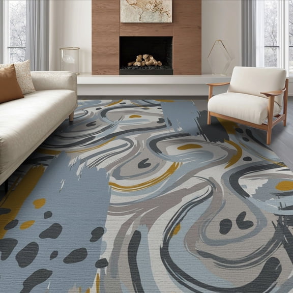 ODIKA 8'x10' Washable Area Rug Abstract Scattered Shape Brushwork Farmhouse Lightweight Large for Dining Room, Office, Lounge, Non-Slip Chair-Friendly Mat