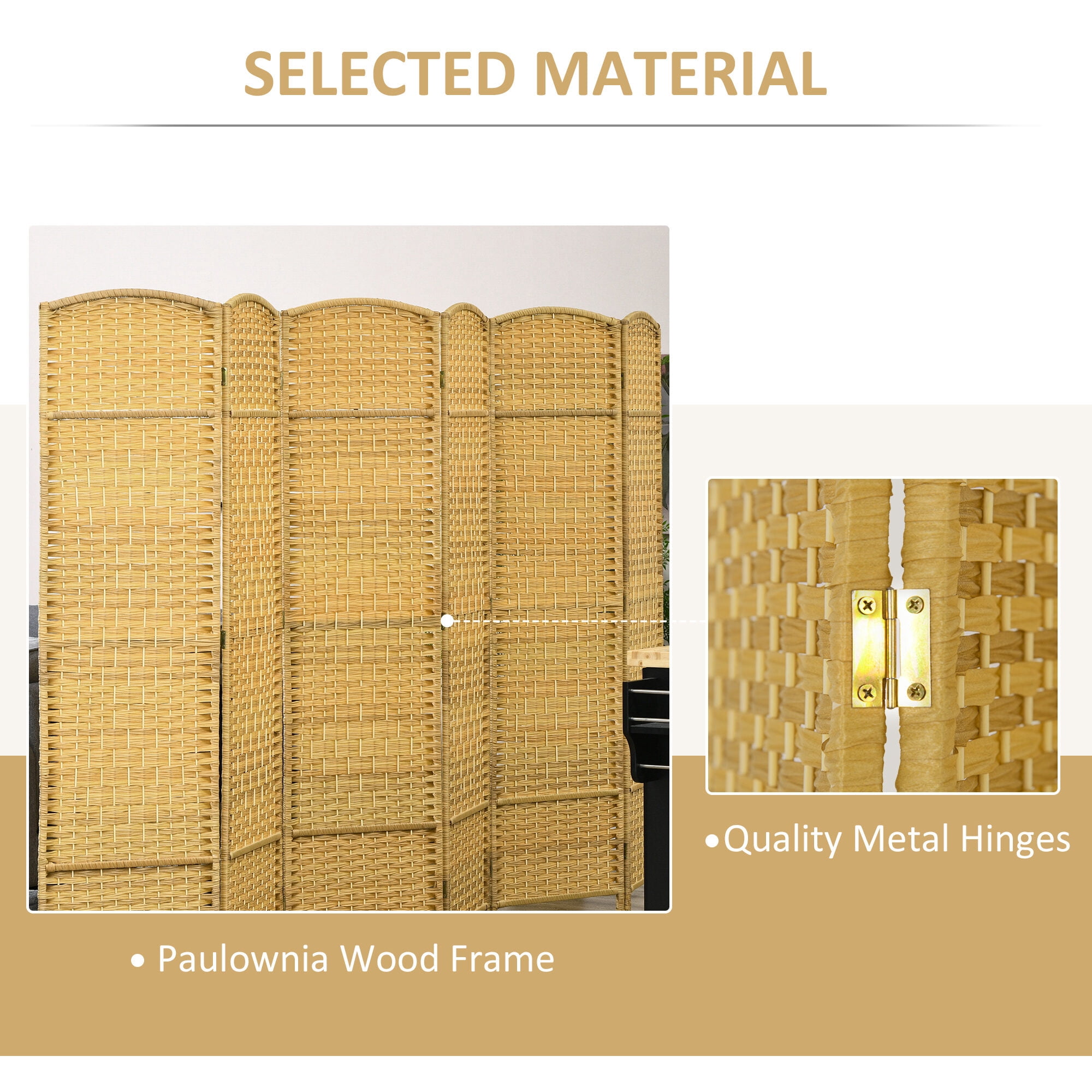 Privacy Screen HOMCOM 6 Panel Room Divider, 6' Tall Folding Privacy Screen, Hand-Woven Freestanding Wall Partition for Home Office, Bedroom, Nature Wood,Outdoor Privacy Screen