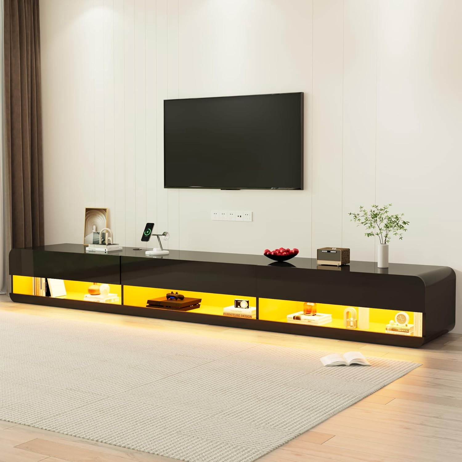 Anpoo 94.5'' Modern Floating TV Stand for TVs up to 100'' TV, LED High Gloss Entertainment Center with Storage & Power Outlet, TV Console with 20 Color Changing Lights for Living Room Bedroom, Black