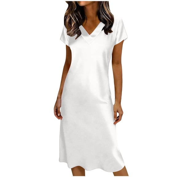 hotojiny Satin Nightgowns for Women Elegant V Neck Short Sleeve Silky Night Gowns Breathable Lounge Dress S-2XL