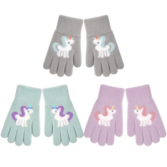 Bocaoying 3 Pairs Winter Knit Gloves for Kids, Soft Thermal Gloves, Children's Full-Finger Mittens with Novel Unicorn Pattern for Girls Ages 5-12 Years