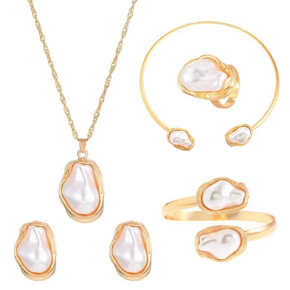 HETICA Baroque Pearl 5 Pieces Pendant Necklace Ring Earrings Bracelet Irregular Pearl Jewelry Set Gift Suitable for Women