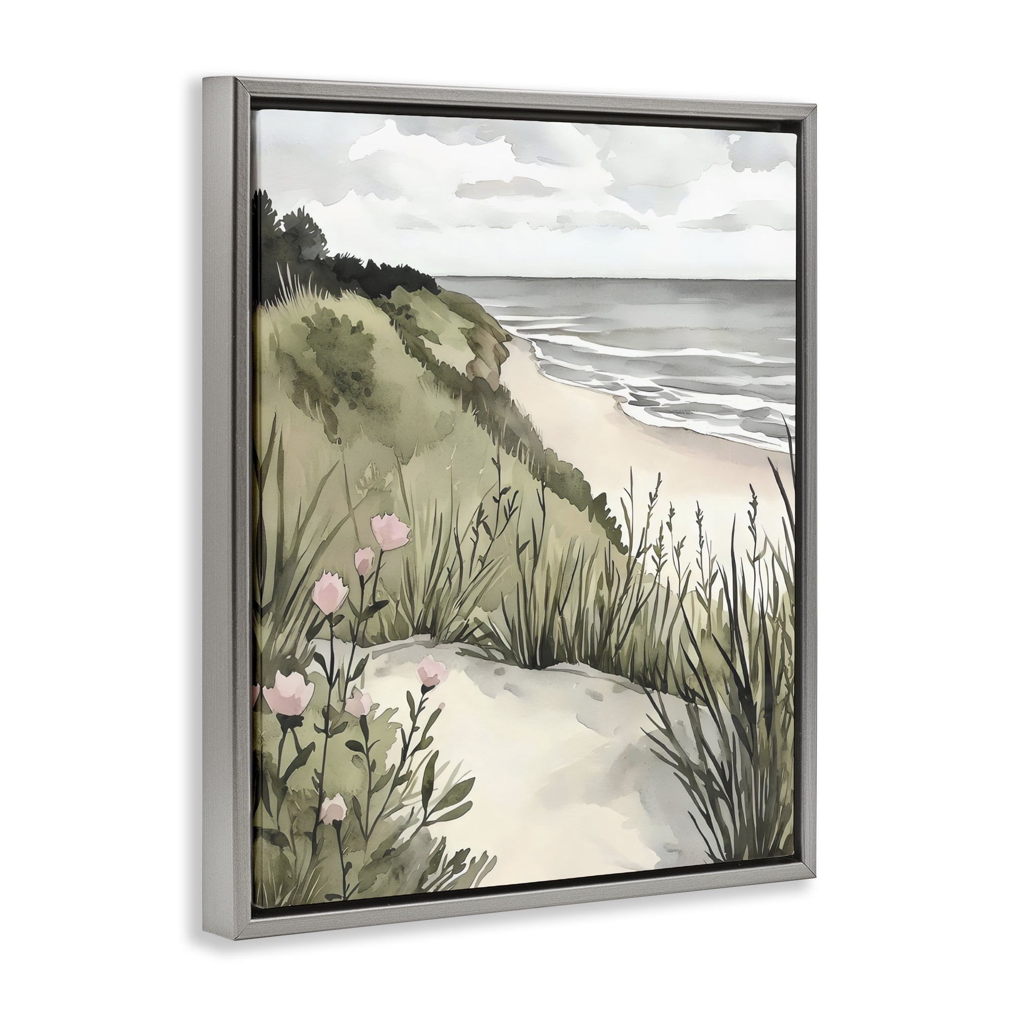 Stupell Industries Coastal Calm on Sandy Dunes Gray Framed Floater Canvas Wall Art, design by Riley B