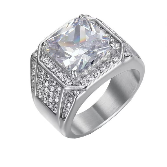 PAMTIER Men's Stainless Steel Hip Hop Punk Big Cubic Zirconia Ring Silver Size 8