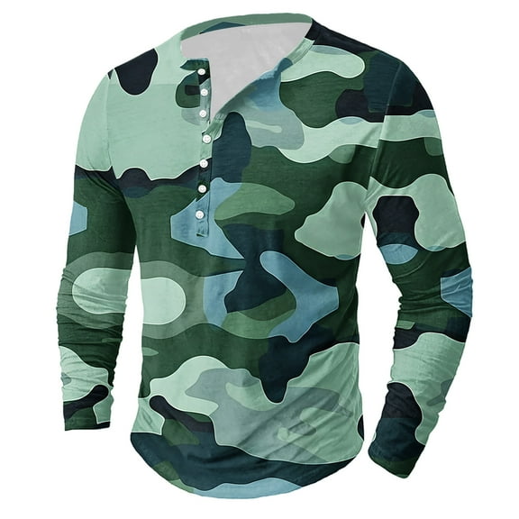 Awdenio Men's Blouses Holiday Fashion Essential Camouflage Printing Button Casual Long Sleeve Round-Neck Blouses Shirts,Size S-5XL