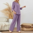 thumbnail image 6 of Bloomae Womens Two Piece Matching Outfits Lounge Sets Casual Ribbed Knitted 3/4 Sleeve Basic Crew Neck Sweater and Pants Loose Oversized Comfy Sweatsuits Loungewear with Pockets Purple XL, 6 of 9