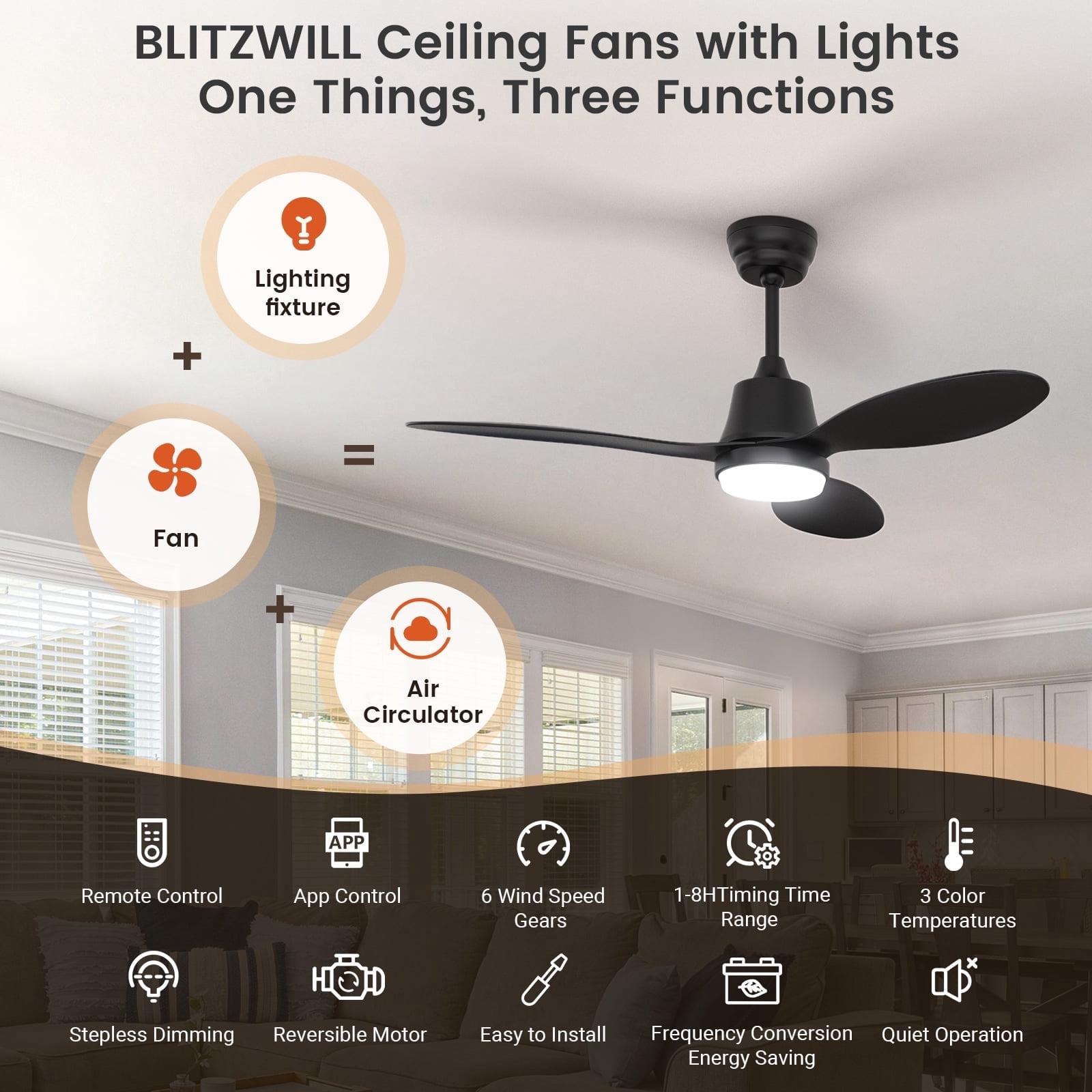 BLITZWILL Ceiling Fans with Lights and Remote & App Control,42 inch Modern Ceiling Fans,3 Reversible Blades Dimmable Noiseless, for Bedroom Kitchen Patio,Black