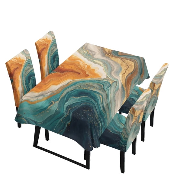 TSOVTHRID Green Golden Marble Print Table Cloth and Chair Covers Set 5-Piece Spandex Stretch Fit Tablecloth and Chair Slipcovers for Dining Room Kitchen Home Party Decor