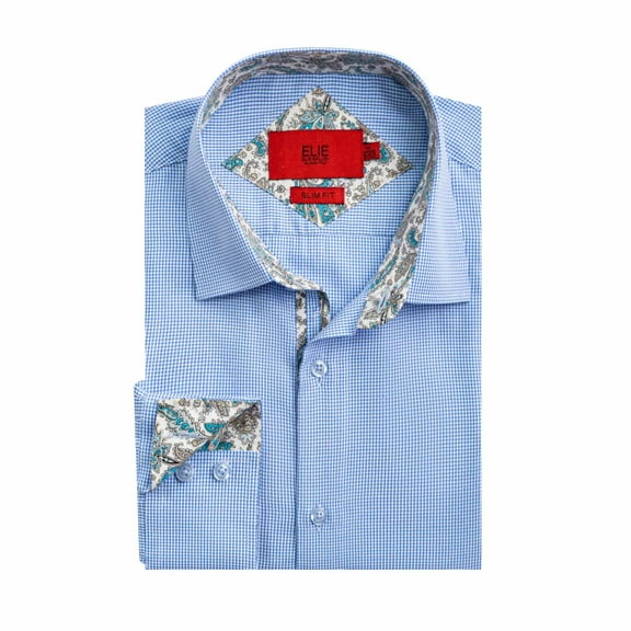 Elie Balleh Boy's Baby Blue Slim Fit Houndstooth Dress Button-Down Shirt