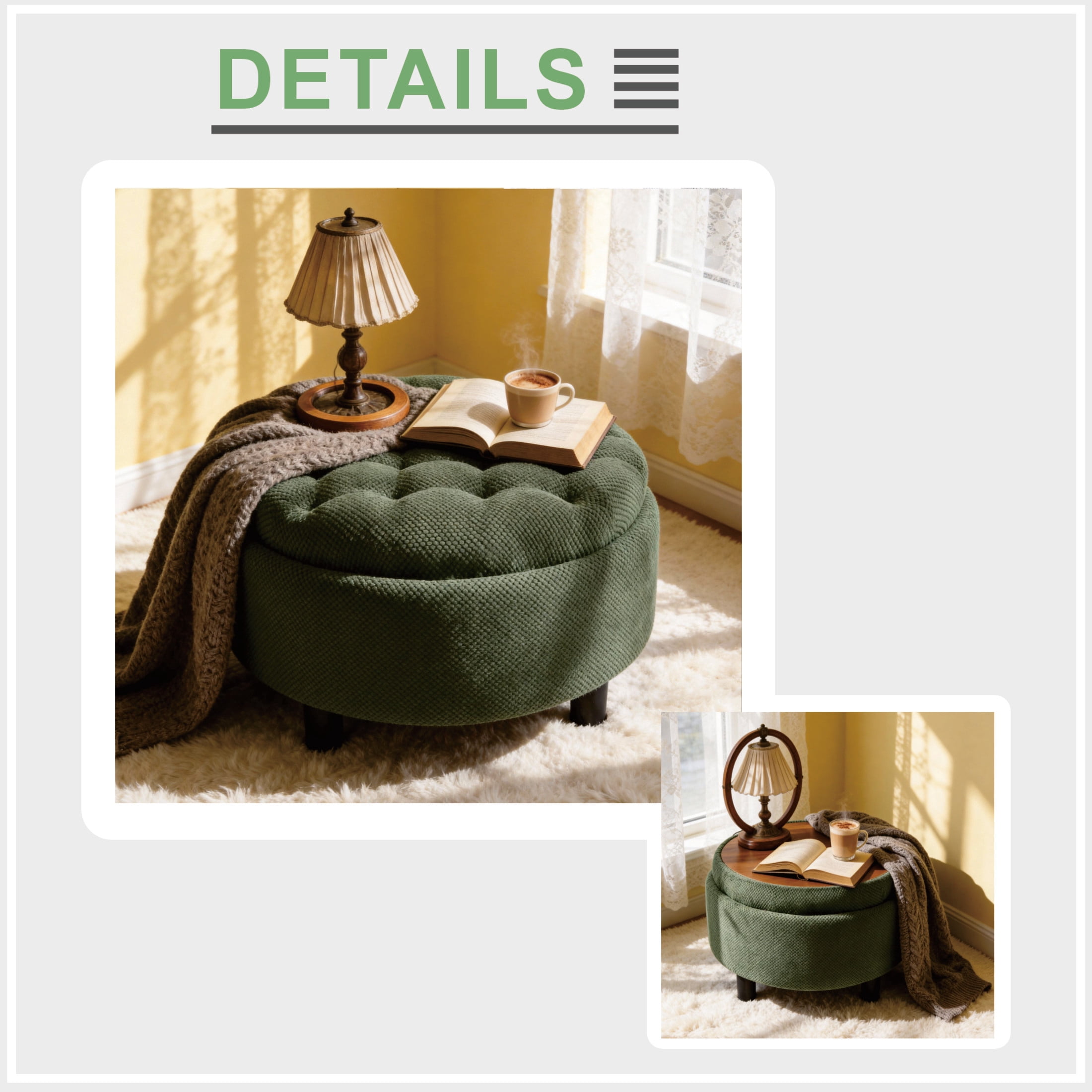 Noble House 25" Round Storage Ottoman with Removable Tray Top, Upholstered Coffee Table, Dark Green