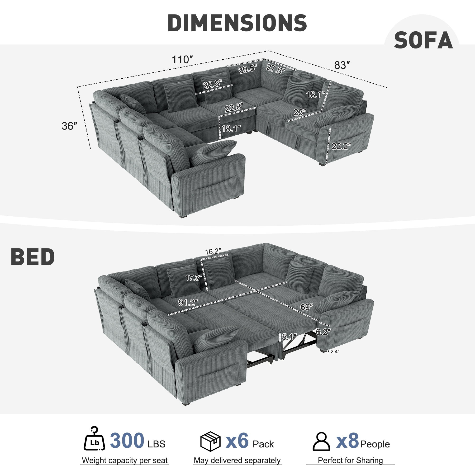 BedLuxury 110" Sectional Sleeper Sofa with Pull Out Bed, Storage Seat & USB Charging, U Shaped Modern Couch for Living Room, Corduroy Gray