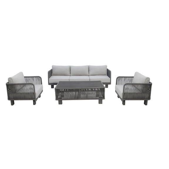 Cancun Aluminum Sofa Set with Dark Gray Rope in Silver Cushion