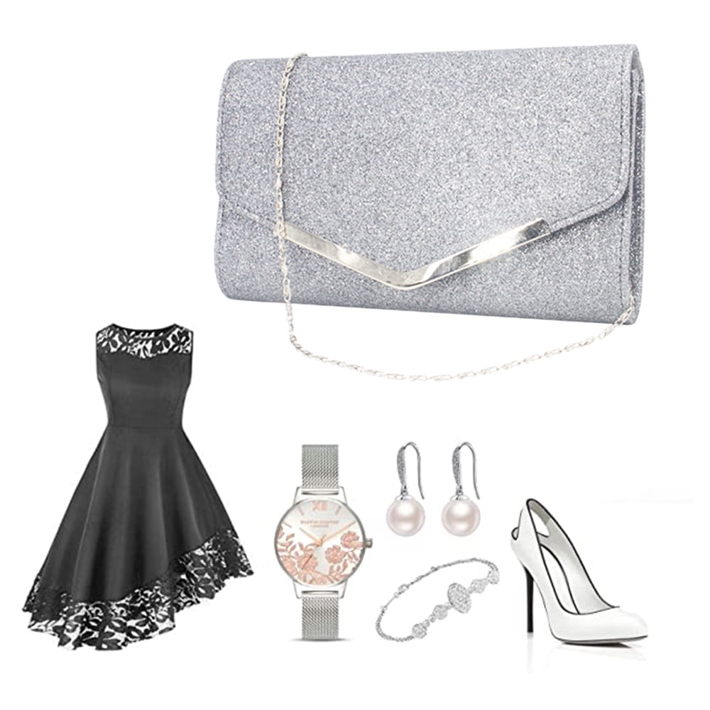 Women's Elegant Evening Clutch Envelope Prom Handbag Wedding Purse,Silver