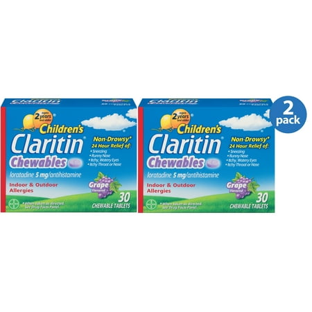 - (2 Pack) Children's Claritin 24 Hour Allergy Grape Chewable Tablet, 5mg, 30Ct