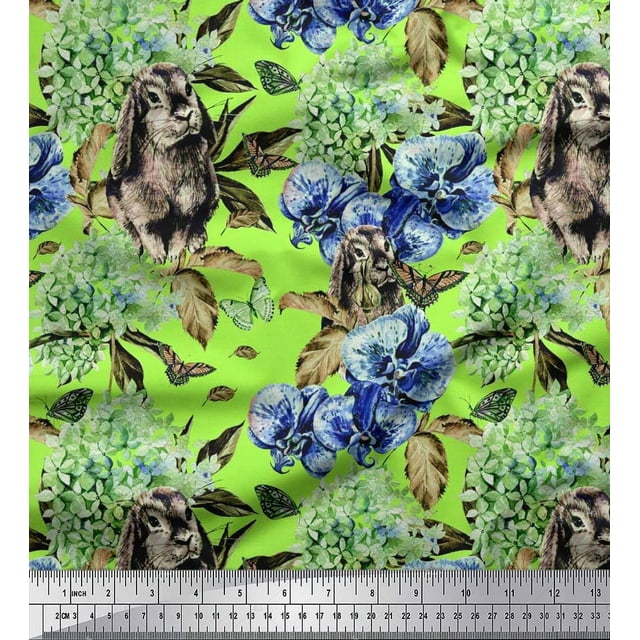 Soimoi Poly Georgette Fabric Rabbit,Lilac & Pansy Floral Decor Fabric Printed Yard 52 Inch Wide