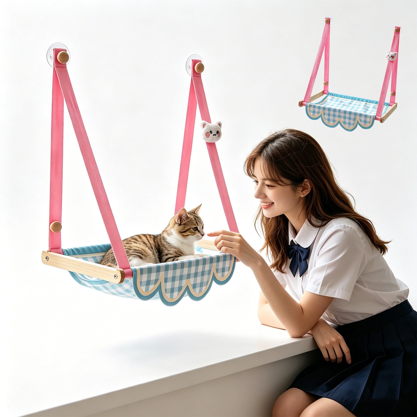 Hanging Window Cat Hammock, 360° Panoramic View Window Perch, Canvas Bed, 4 Heavy-Duty Suction Cups, Space-Saving Cat Lounge(15.7"*19.3",Blue)