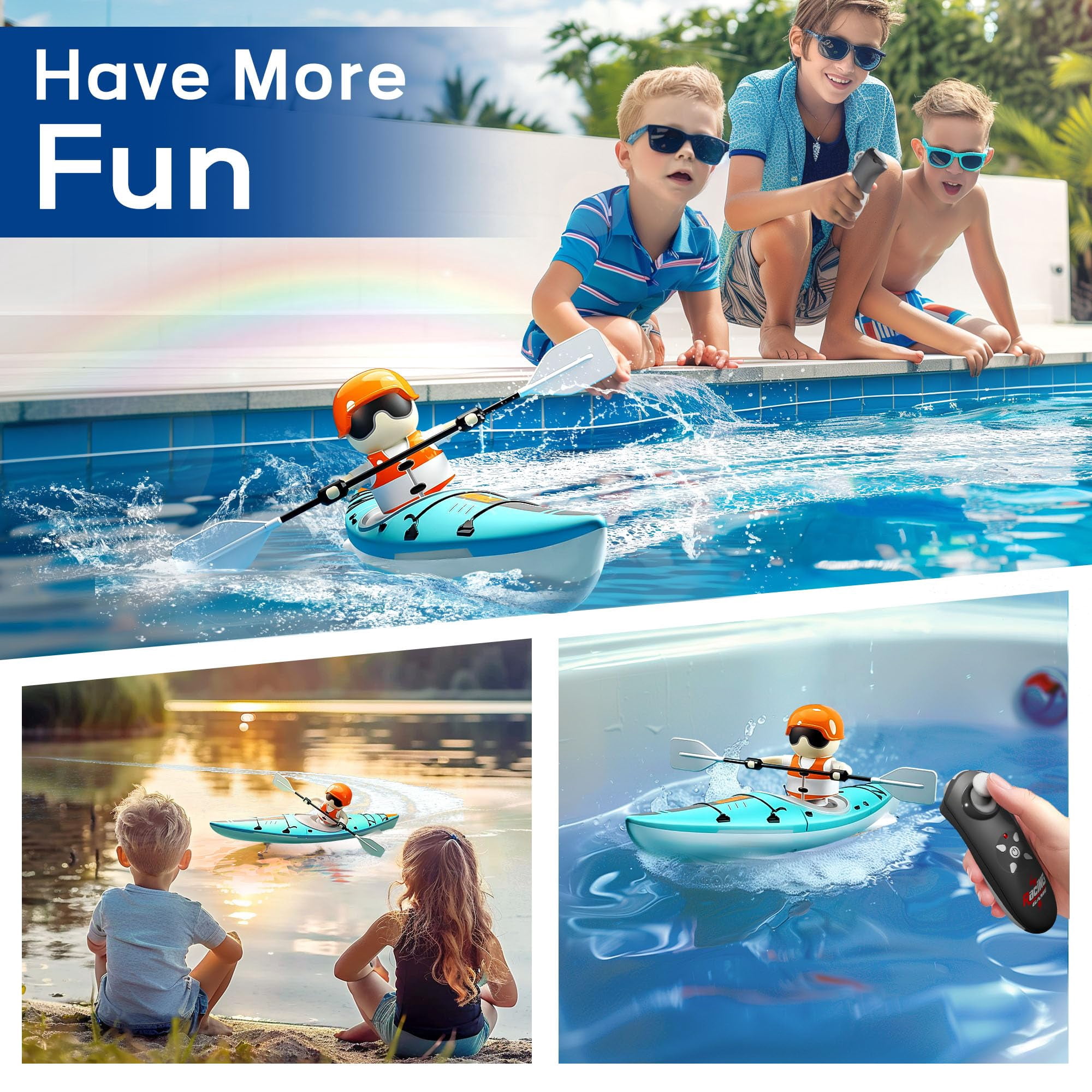 Remote Control Boat for Kids, RC Kayak Boat with Lights Paddle for Pool & Bathtub, High-Speed Water Racing Toys for Boys Girls Christmas Gifts