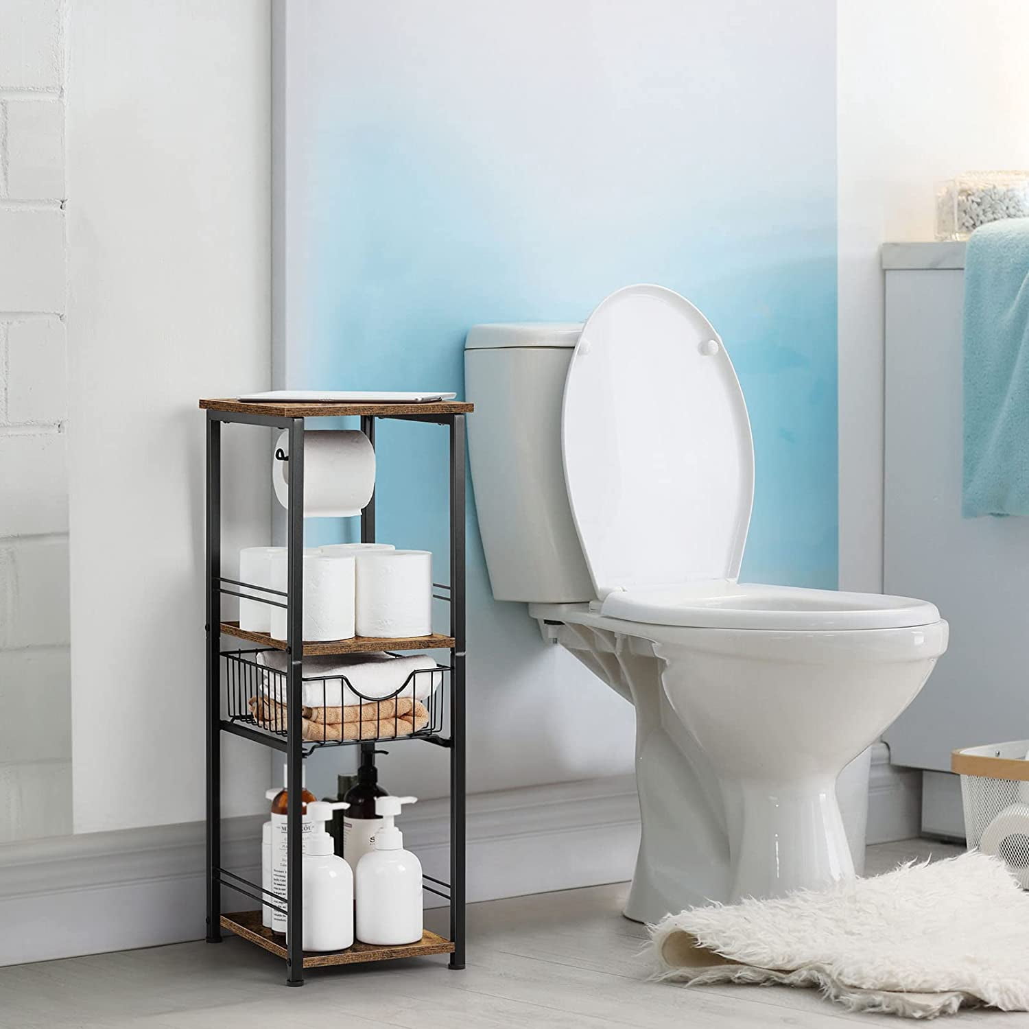 Freestanding Bathroom Shelf with Drawer Toilet Paper Storage Stand Organizer, Black