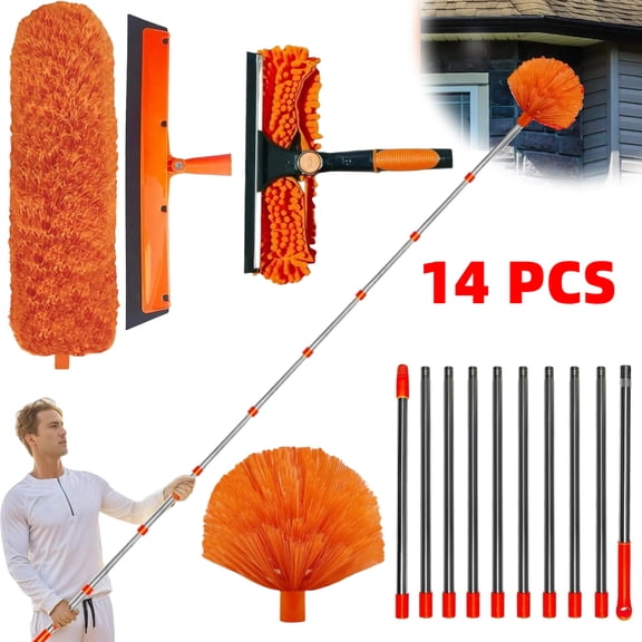 20 Feet 4 in 1 High Reach Duster Kit with 3-14 ft Extension Spliceable Pole - High Ceiling Dusting and Window Cleaning Kit  - Window Washer & Squeegee, Cobweb Duster, Fan Blade and Feather Dusters