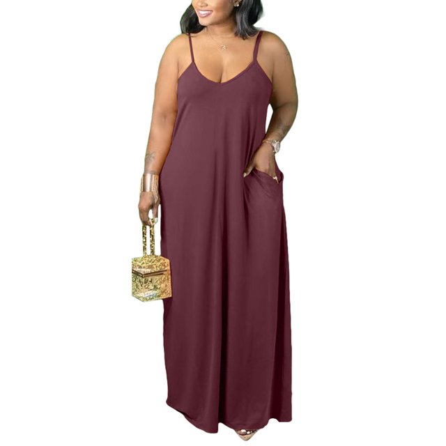 UKAP Robe Maxi Sans Manches pour Femmes Grande Taille Couleur Unie Bretelles Surdimensionnée Robe de Plage Marron TG