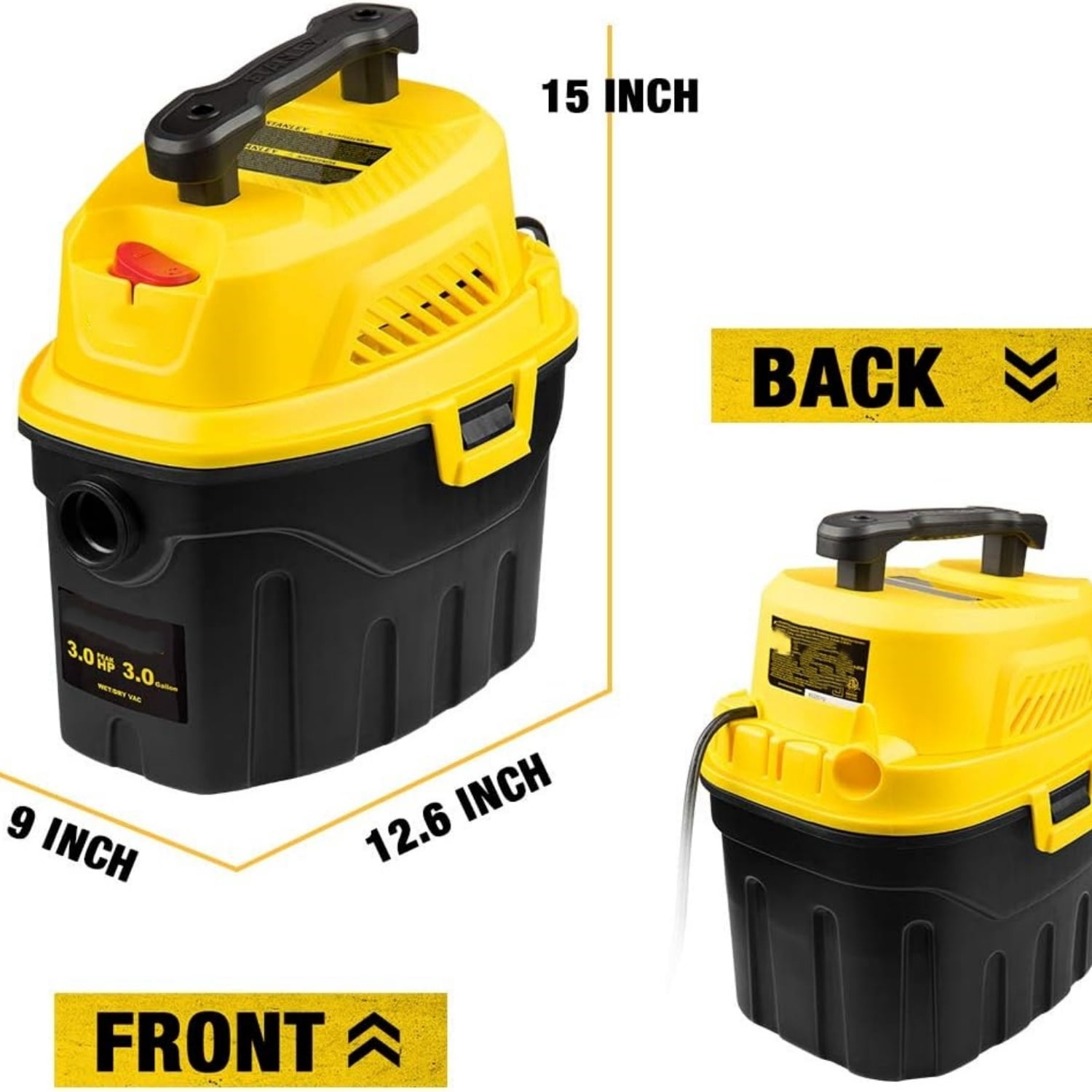 3 Gallon Wet Dry Vacuum, 3 Peak HP Poly 2 in 1 Shop Vac with Powerful Suction, Portable Shop Vacuum Car Vacuum W/ 3 Horsepower Motor for Auto Detailing, Tight Space Garage,Van,Vehicle