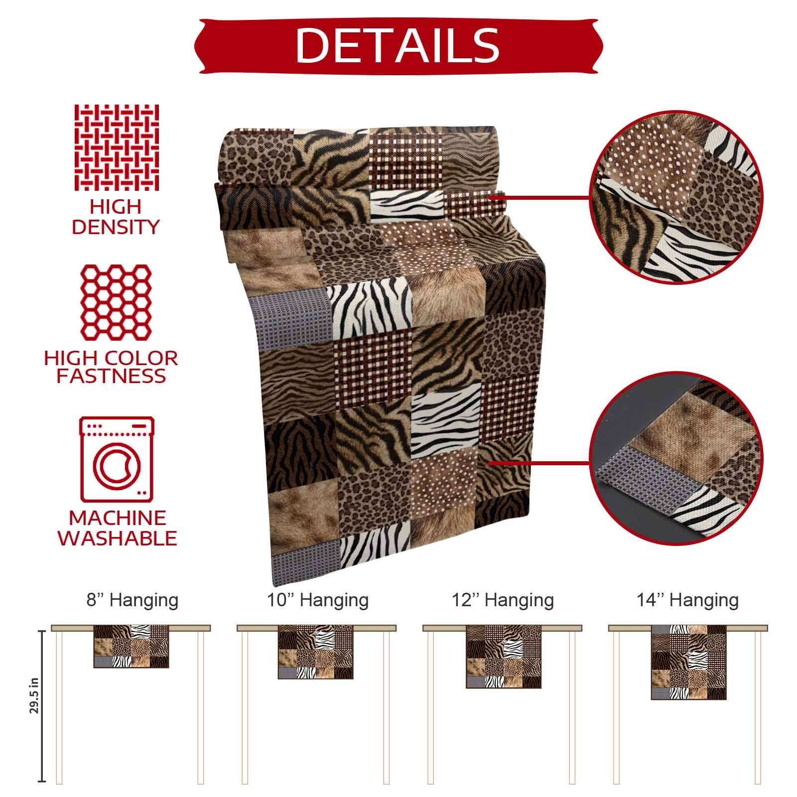 Animal Print Plaid Table Runner, Modern Geometric Leopard Print Washable Cotton Linen Table Runners 90 Inches Long, Dresser Scarf Runner for Dining/Coffee/Kitchen/Hallway Tables 13''x90''