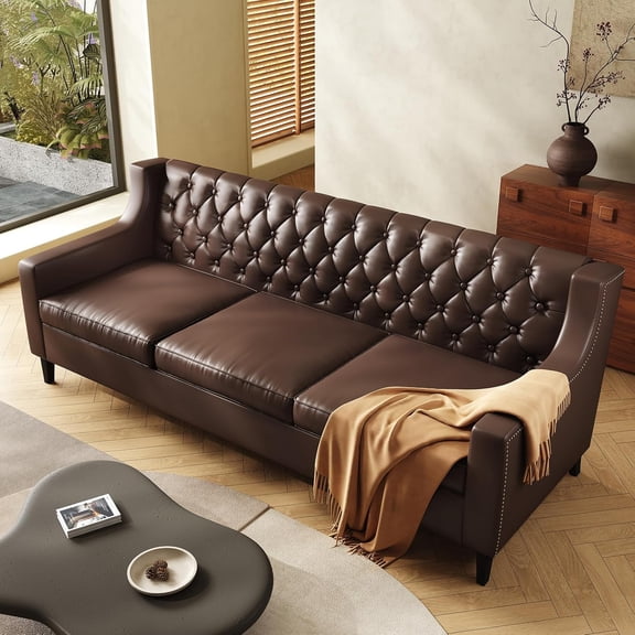 78.75" W Faux Leather Sofa, Button-Tufted 3-Seater Sofa, Mid Century Modern Vintage Brown Leather couches Couch for Living Room, Entertainment Area, Apartment,Office (Dark Brown, 78.75 Inch)