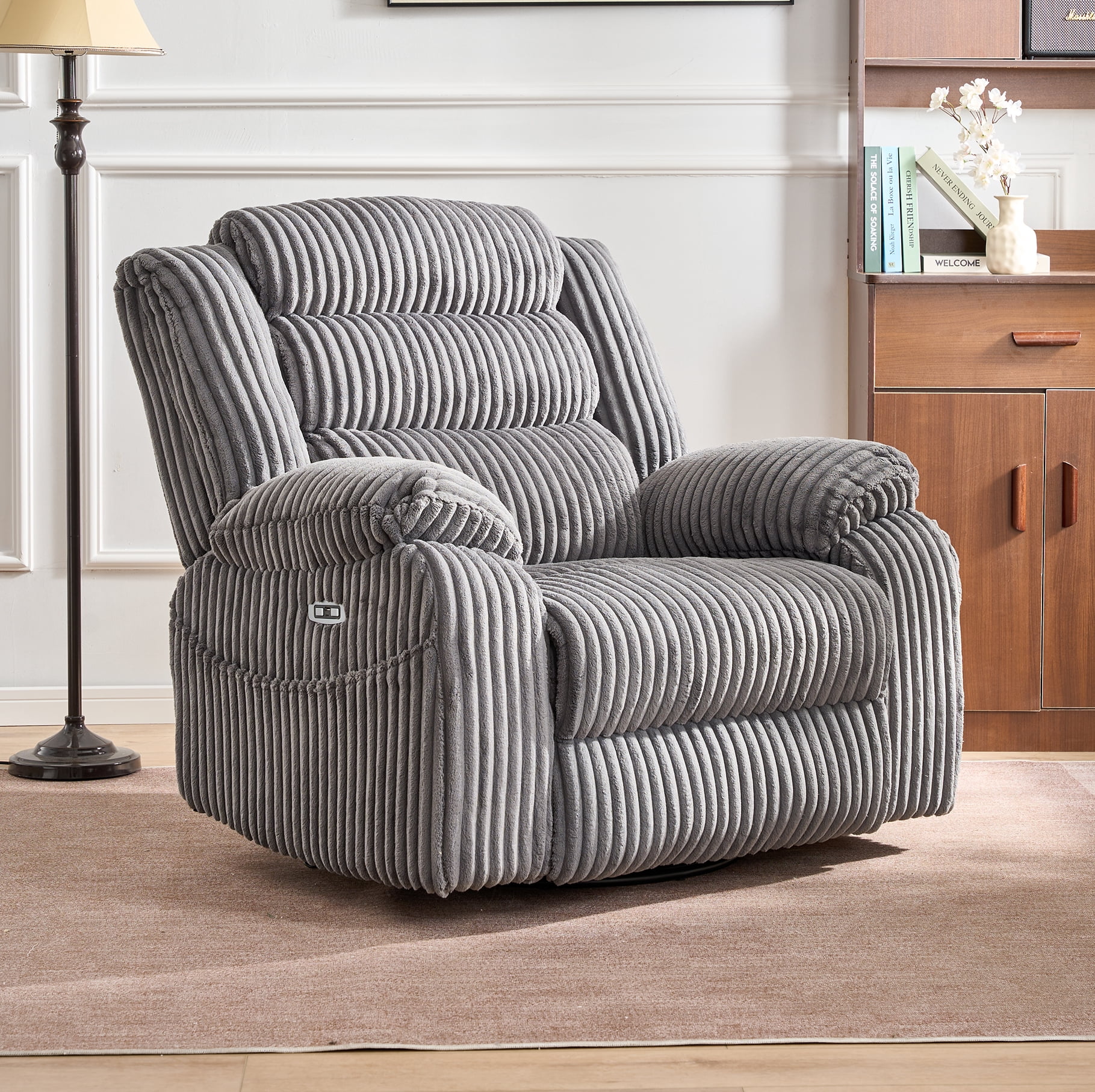 Leumius Extra Wide Power Recliner Chair,270° Swivel Rocking Chair with Heat & Massage,USB & Type C Charging Port,Velvet Upholstered Recliner with Side Pockets for Living Room, Bedroom, Nursery,Gray
