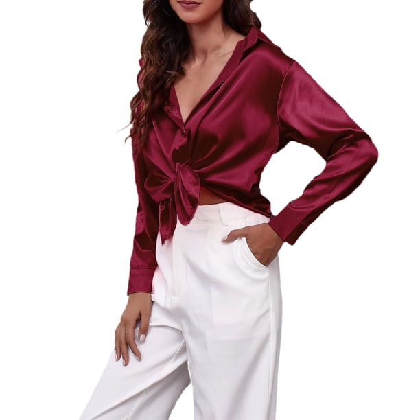 Camisa de manga larga de satén imitación seda para mujer - Blusa de estilo europeo, poliéster, ropa de trabajo informal, cinco tallas