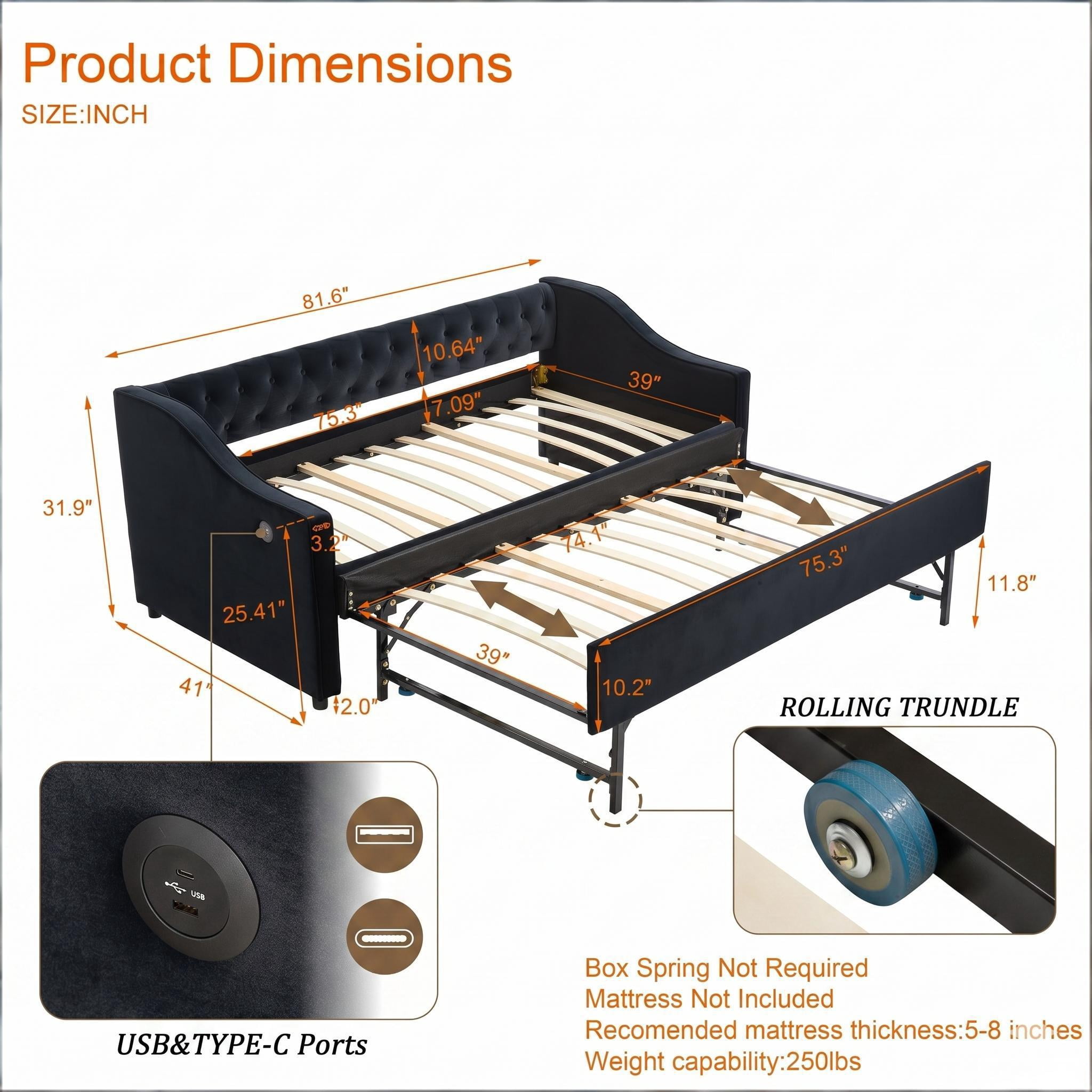 Howcool Twin Size 3-in-1 Velvet Daybed with Trundle, USB Port & Side Pockets, Maximum Load Weight 250lb, Button-Tufted for Bedroom Guest Room