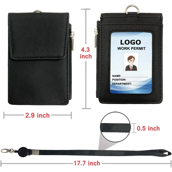ID Badge Holder with Retractable Lanyard,Premium Leather Name Badge Holders,Adjustable ID Card Holder with Zipper Pocket for Offices&School ID,Credit&Access Card (Black)
