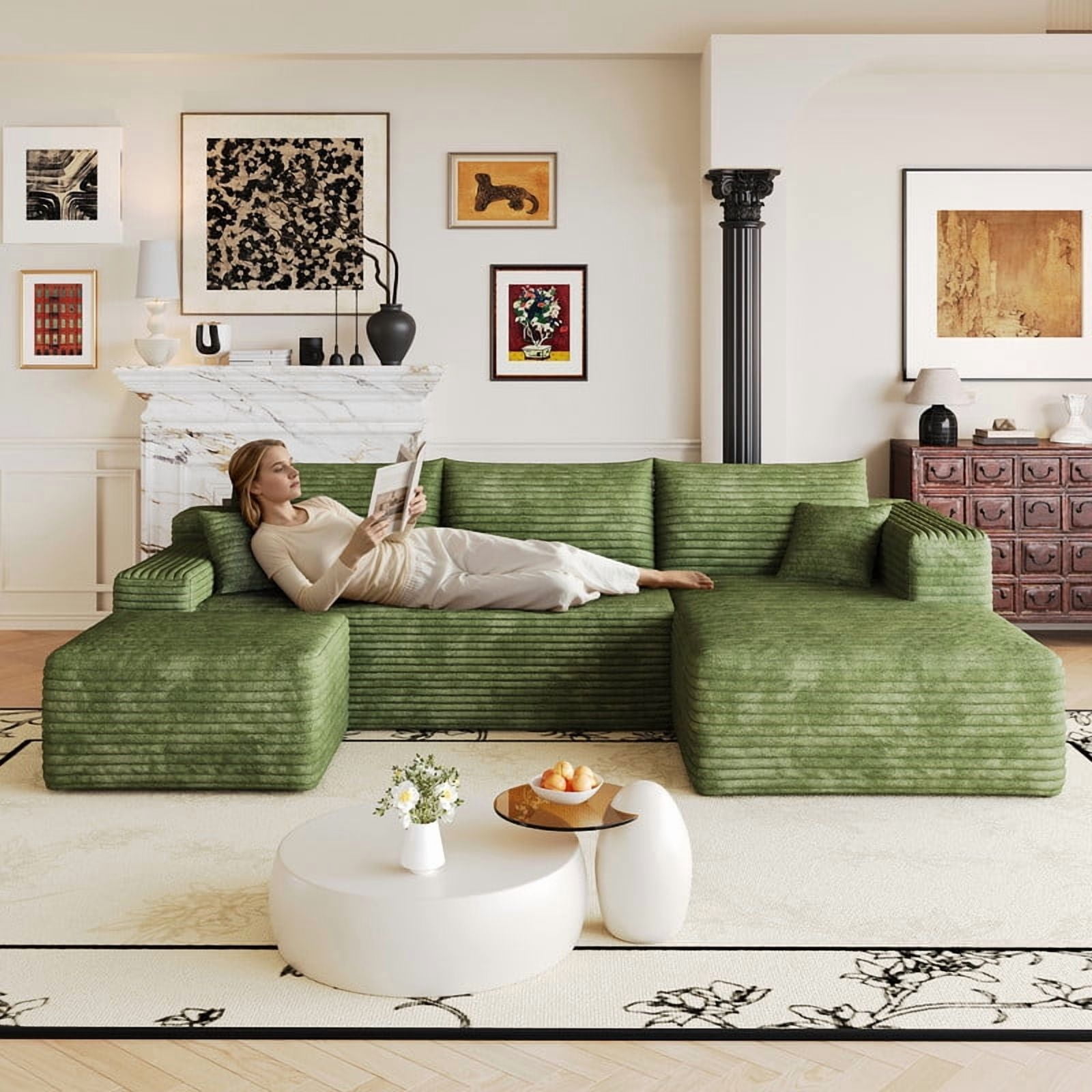 103" U Shaped Cloud Sectional Sofa with Ottoman, Modern Modular Corduroy Fabric Couch with Deep Seat and Chaise, Minimalist Upholstered Corner Sofa for Living Room, Apartment, No Assembly Required