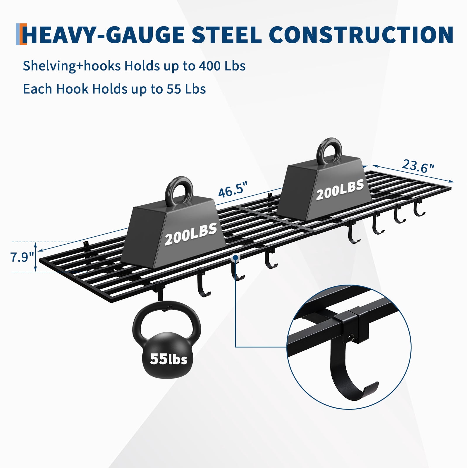 Heavy Duty Garage Wall Shelf, 2 Pack 2x4 ft Metal Floating Shelves with 8 Hooks – 200lbs Each – Wall Mounted Storage Organizer for Garage, Shop, Laundry Room, Office