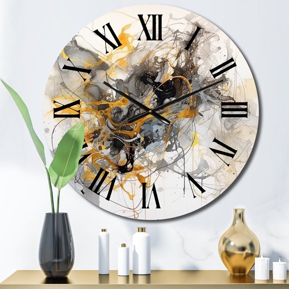 Designart "Marble Symphony in Yellow and Grey I" Abstract Oversized Wall Clock