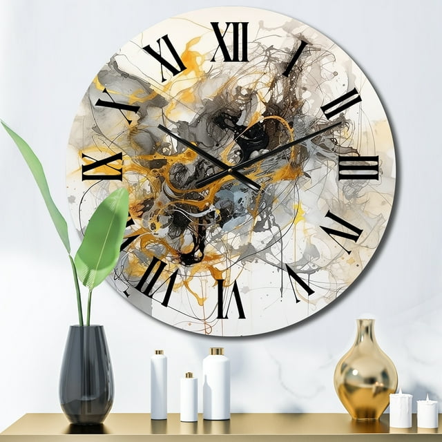 Designart "Marble Symphony in Yellow and Grey I" Abstract Oversized Wall Clock