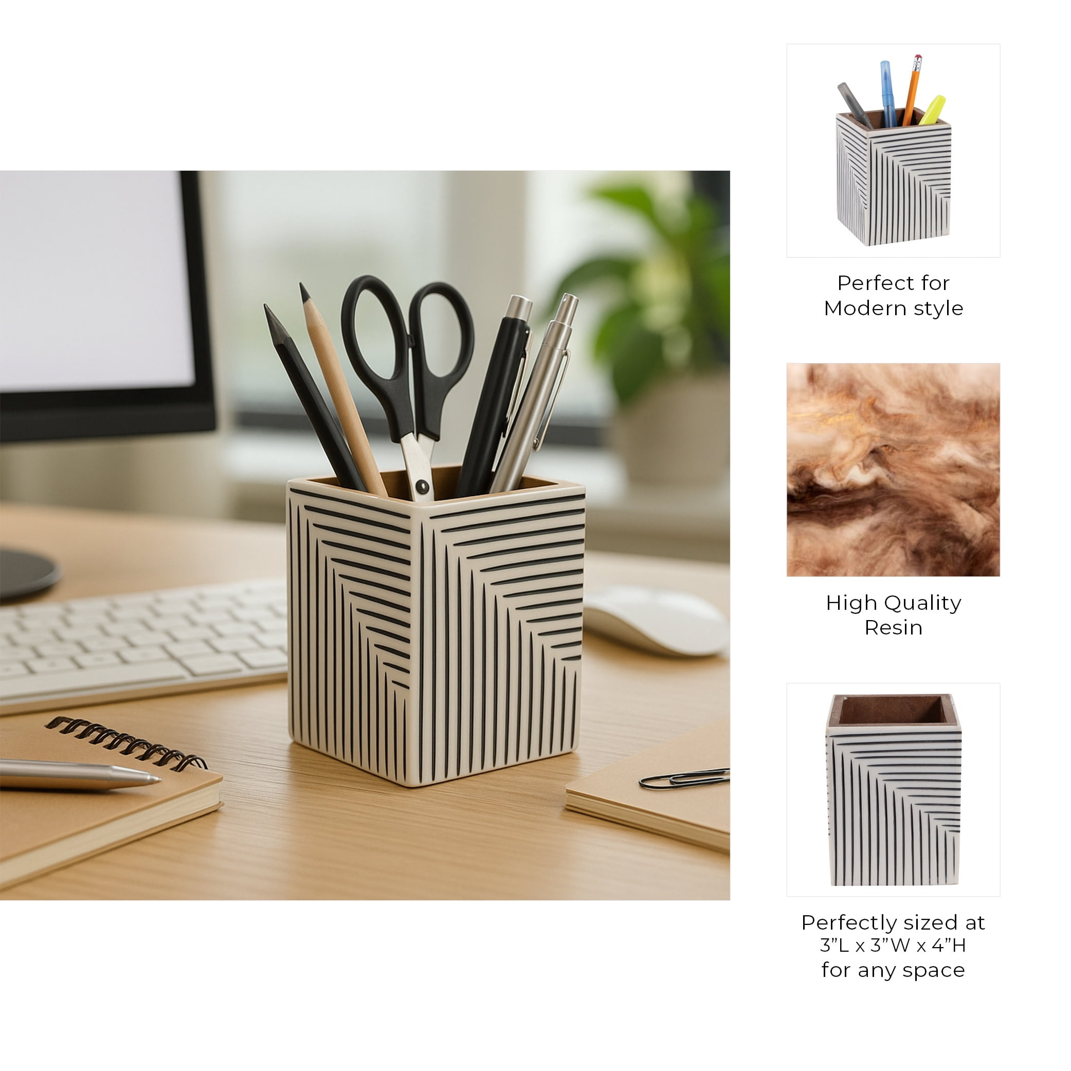 Decorative Ridged Lines Desk Organizer for Home Decor - Perfect Desktop Organizer for Workspace and Office Desk Decor - Versatile Office Accessory for Storage, Bedroom, or Kitchen - 4", Black & White