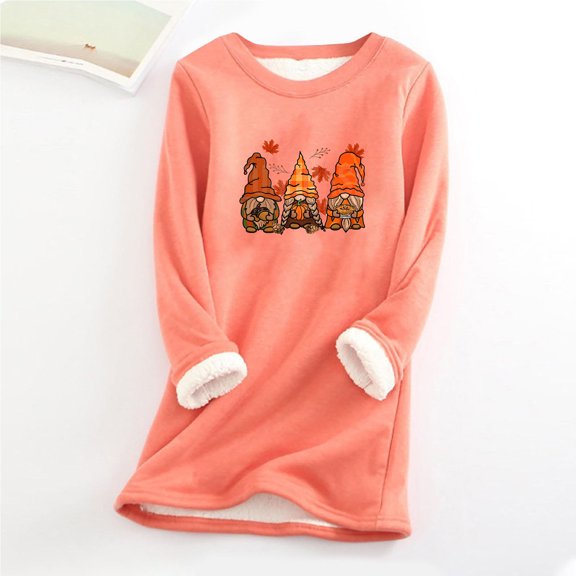 Babysbule Womens Christmas Shirts Tops Printing Round Neck Thickened Plush Warm Long Sleeve Tops
