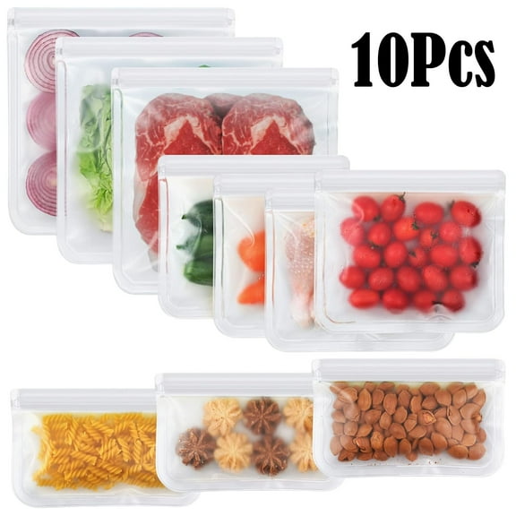 10 Pack Dishwasher Safe Reusable Bags Silicone, Leakproof Reusable Freezer Bags, BPA Free Reusable Food Storage Bags for Lunch Marinate Food Travel (Clear) - 3 Gallon 3 Snack 4 Sandwich Bags
