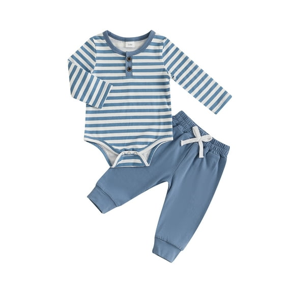 Baby Toddler Boy Girl Fall Outfits, 0 3 6 9 12 18 Months Striped Long Sleeve Romper Elastic Waist Pants with Bow 2 Piece Clothing Set