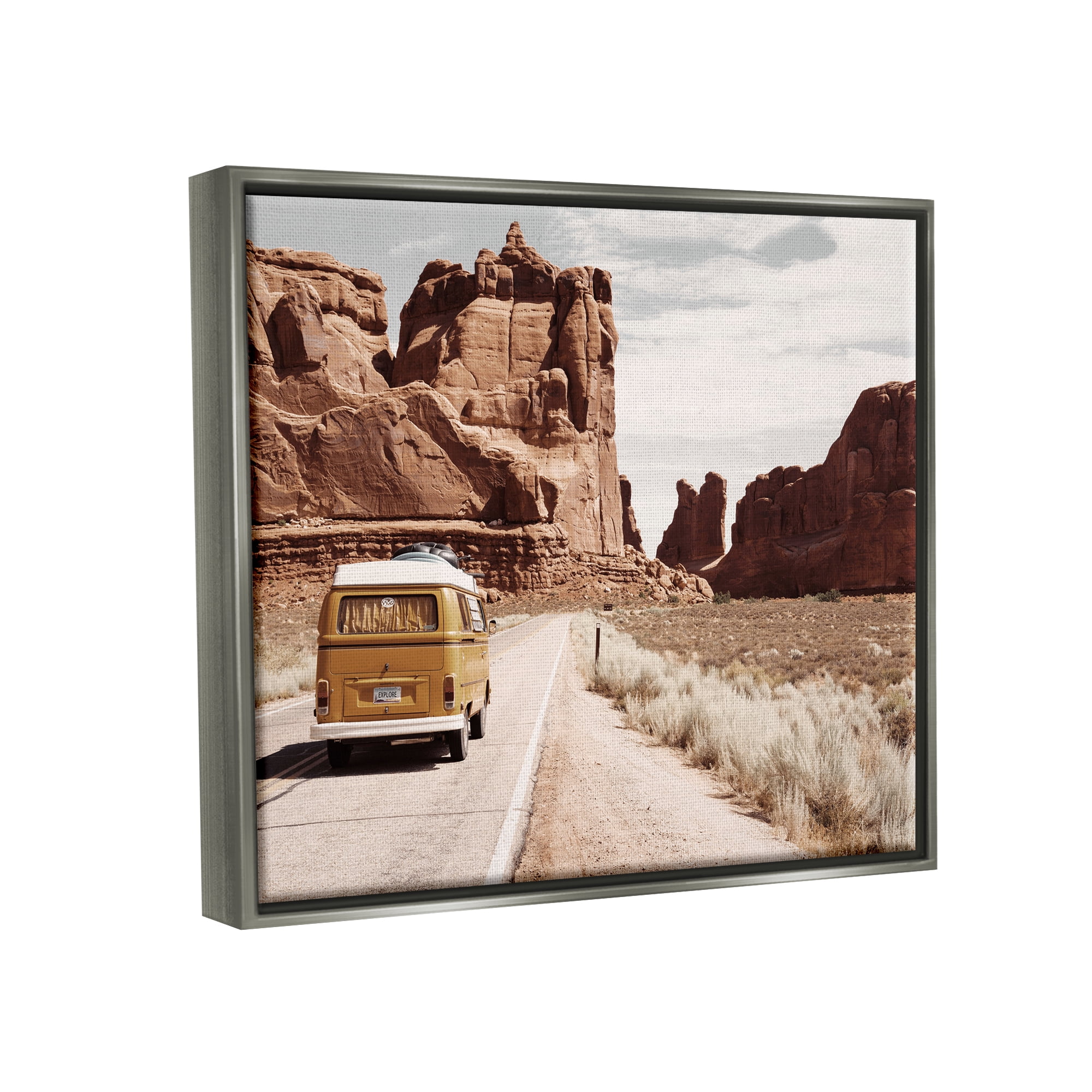 Stupell Industries Desert Cliffs Road Trip Van Transportation Photography Gray Floater Framed Art Print Wall Art