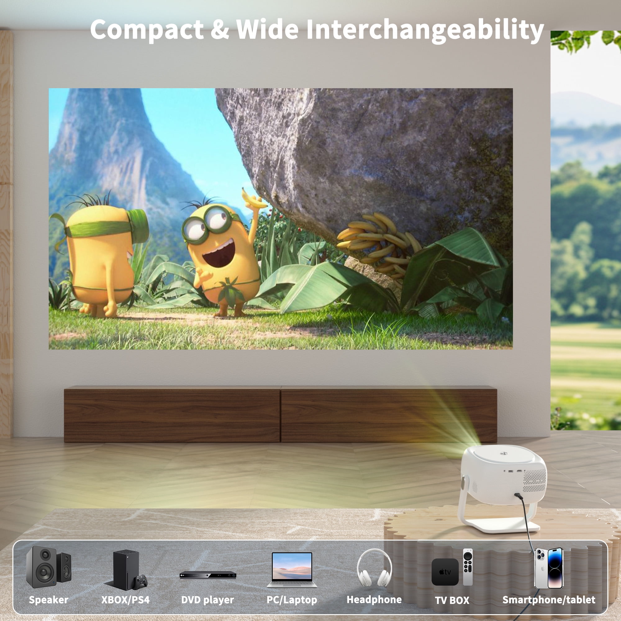 Visulapex Projector 4K 1080P Outdoor Projector with WiFi and Bluetooth, 360° Rotatable Portable Movie Projection for Phone