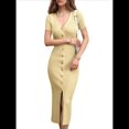 thumbnail image 2 of Vestido Midi Informal de Punto Acanalado, Cuello en V y Corta para Mujer, Otoño 2025, Ajustado, para Invierno Amarillo XL, 2 of 10