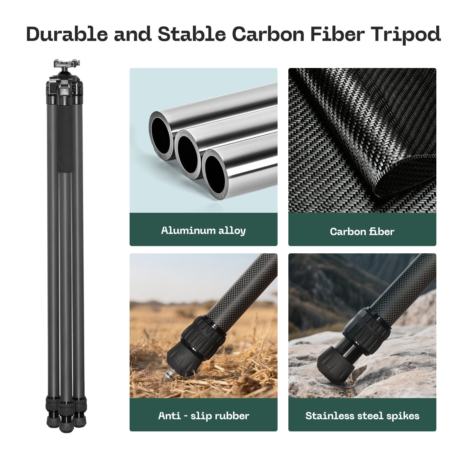 FANAUE Carbon Fiber Tripod with 45mm Ball Head - Lightweight, Sturdy, and Adjustable for Photography, Hunting, and Spotting Scopes HT-3220-45
