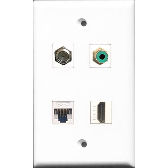 RiteAV 1 Port HDMI and 1 Port RCA Green and 1 Port Coax Cable TV- F-Type and 1 Port Cat5e Ethernet White Wall Plate